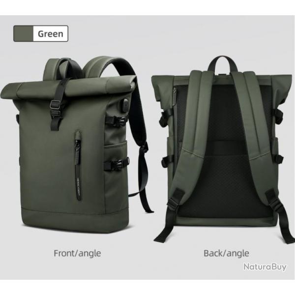 Sac  Dos RollTop Femmes Homme 25L-30L Extensible Ordinateur Portable 17.3" Loisir Enroulable Vert