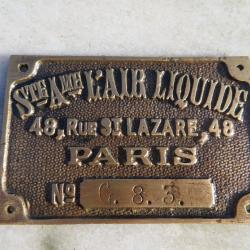 Ancienne Plaque bronze doré patiné "L'AIR LIQUIDE, 48 Rue St LAZARE, PARIS - FRANCE (Début XXé)