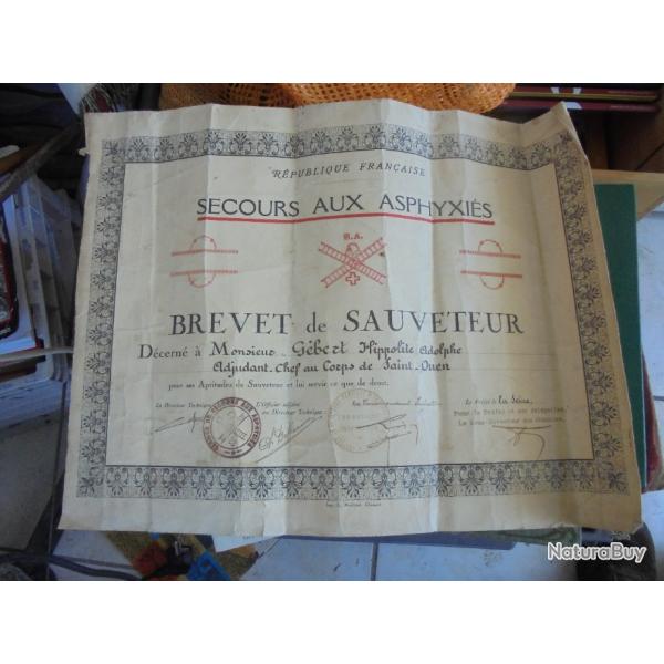 Brevet de Sauveteur Secours aux Asphyxis Sapeurs-Pompiers Saint-Ouen HA. Gbert