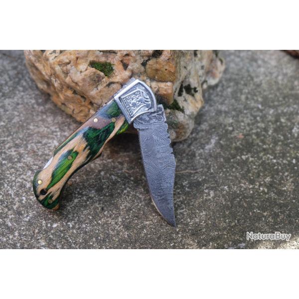 Couteau Lame Damas 128 Couches Style Buck 112 Manche Camo Aigle Lockback Fabrication Artisanale