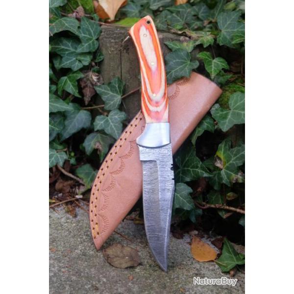 Skinner Couteau de Chasse Damas Lame Clip Point 256 Couches Manche Tagada Artisanale Etui Cuir