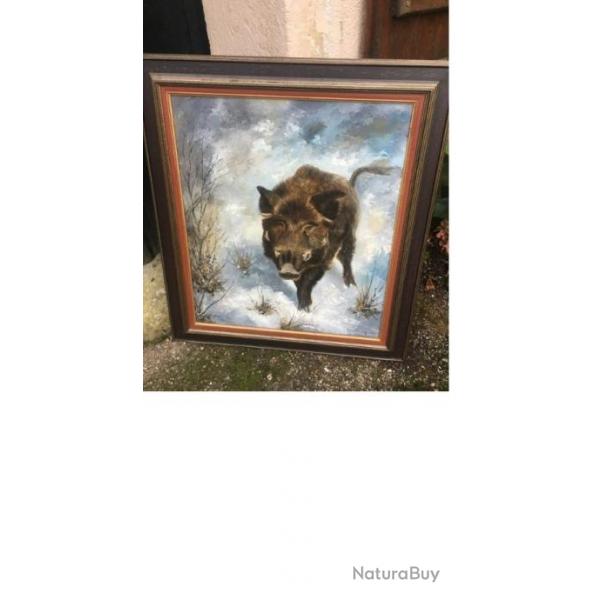 Tableau sanglier huile toile lestringant
