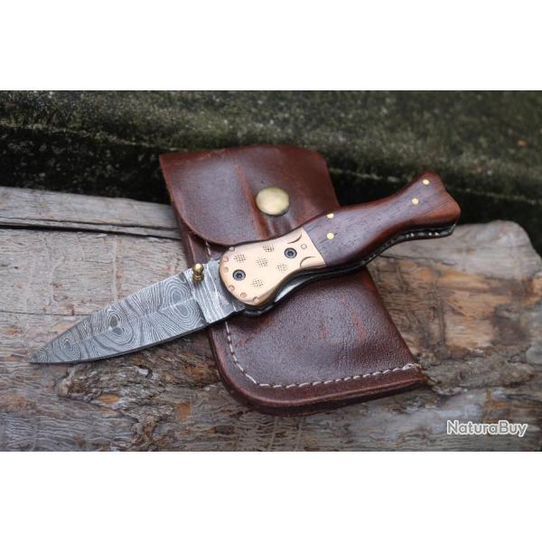 Beau Couteau Dague Damas Lame 128 Couches Manche Bois Linerlock + Etui Cuir Fabr Artisanale