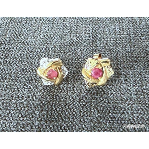 Boucles d'oreilles anciennes or massif 18 carats - spinelle