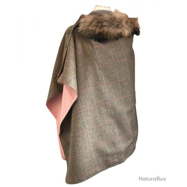 Cape Harriet - Tweed beige  trame rose & bleu 100% laine - col fourrure amovible - made in France 
