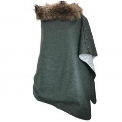 Cape Harriet - Tweed vert forêt 100 % laine vierge - Col fourrure amovible - Fabrication française U