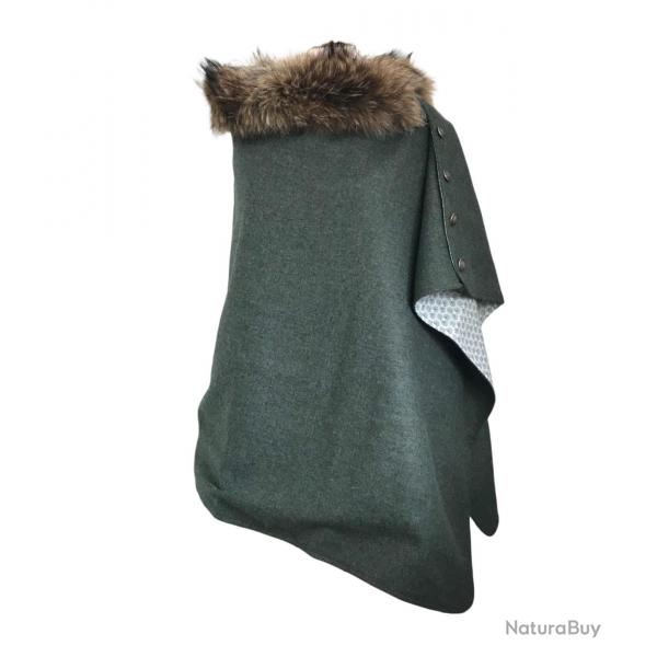 Cape Harriet - Tweed vert fort 100% laine vierge - Col fourrure amovible - Fabrication franaise U