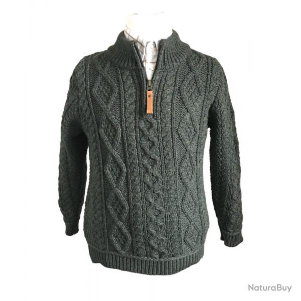 Pull Enfant Zipp Vert Fort - Pure Laine Mrinos & Col Camionneur 6/7 ans