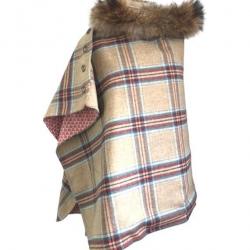 Cape Harriet - Tweed beige carreaux bordeaux et bleu 100 % laine - col fourrure amovible U