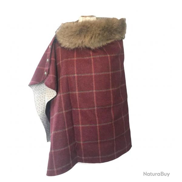 Cape Harriet - Tweed bordeaux carreaux verts & rouges 100% laine - col fourrure amovible U