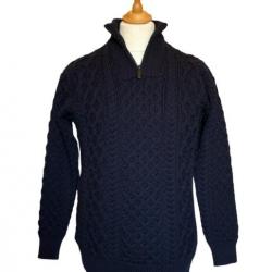 Pull tricoté zippé bleu marine Homme