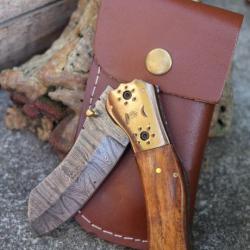 Beau Couteau Damas Lame Sheepfoot 128 Couches Manche Bois Linerlock + Etui Cuir Fabric Artisanale