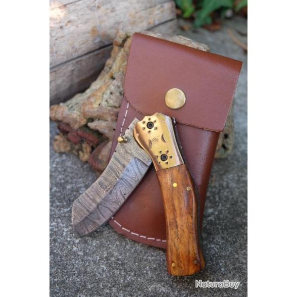 Beau Couteau Damas Lame Sheepfoot 128 Couches Manche Bois Linerlock + Etui Cuir Fabric Artisanale