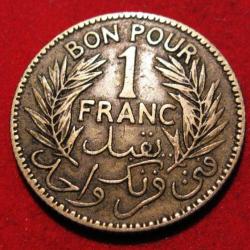 TUNISIE  piece de 1 (bon pour un franc) 1921