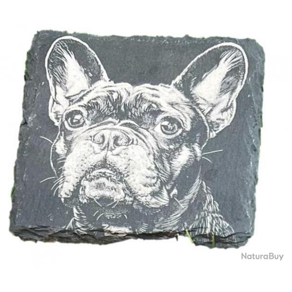 Dessous de verre carr x4 en ardoise de 10 cm bouledogue franais