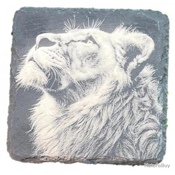 Dessous de verre carr x4 en ardoise de 10 cm tte de lion