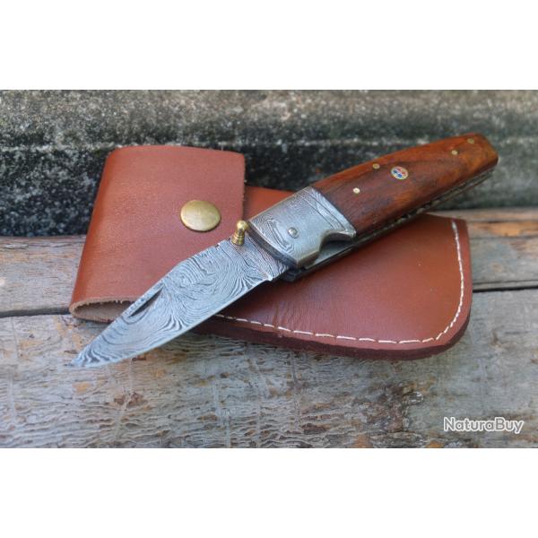 Beau Couteau Damas Lame 128 Couches Manche Rosewood Mitres Damas Fab Artisanale Linerlock Etui Cuir