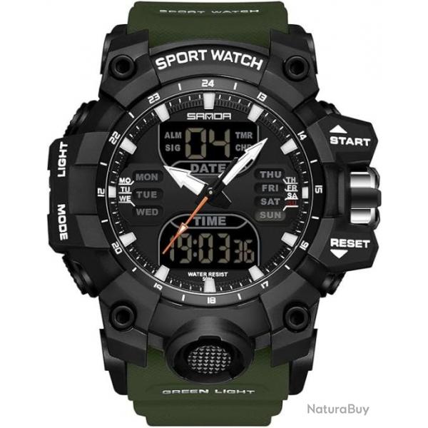 Montre Bracelet Militaire Homme Multifonction lectronique Digitale Quartz 50M tanche Vert Arme