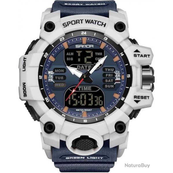 Montre Bracelet Militaire Homme Multifonction lectronique Digitale Quartz 50M tanche Blanc/Bleu