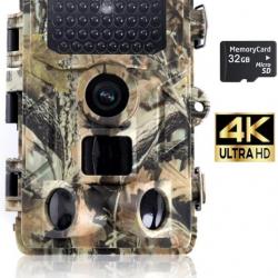 Camera de Chasse 50MP 4K Vision Nocturne avec Carte SD de 32 Go Chasse et Observation de la Faune