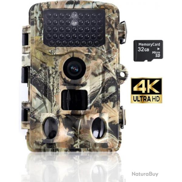 Camera de Chasse 50MP 4K Vision Nocturne avec Carte SD de 32 Go Chasse et Observation de la Faune