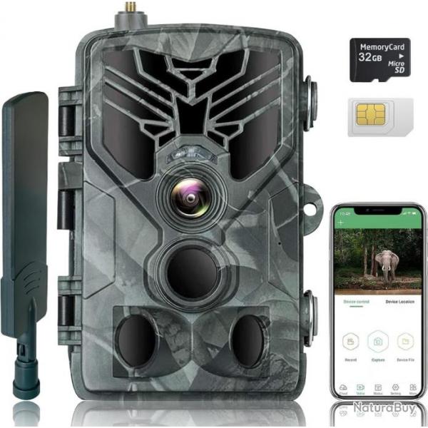 Camera de Chasse 4G 2K 30MP Vision  Nocturne Infrarouge IP65 Carte SD de 32 Go Carte SIM