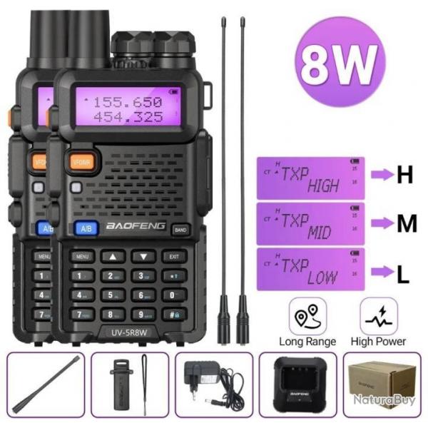 Paire de 2 Talkies-walkies Baofeng UV-5R (8W) + Antennes longues - LIVRAISON GRATUITE