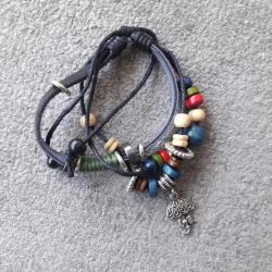 Rares faits main Bracelets  BIKER Chasse Pêche Nature Aventure,  cuir et perles folk ART artisanal