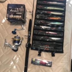 Lot cannes daiwa saltiga coastal avec moulinet okuma cedros  et pochette de jig