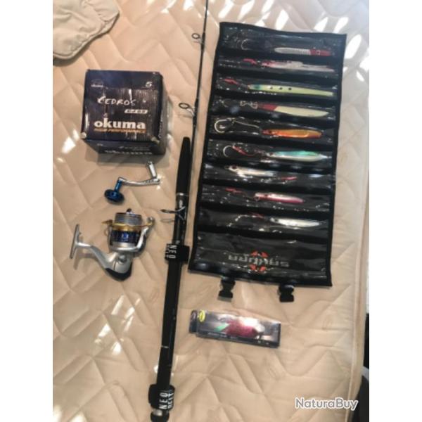 Lot cannes daiwa saltiga coastal avec moulinet okuma cedros  et pochette de jig