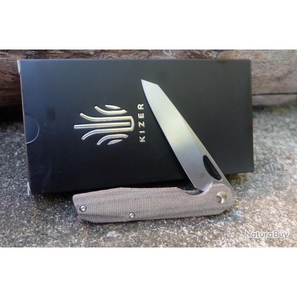 Couteau Kizer Genie Green Lame Acier 154CM Manche Micarta IKBS Linerlock Clip 4545C1