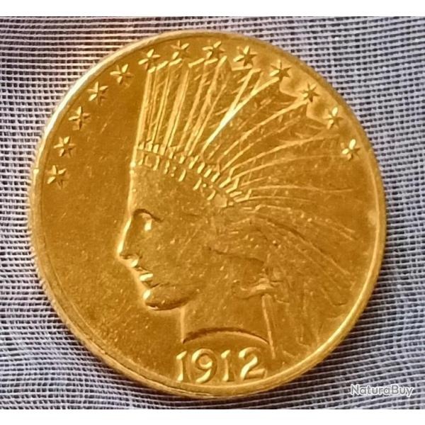 Pice d'or Amricaine Tte d'indien de 10 dollars.. 1912