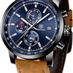 Montres Hommes Cuir Chronographe  de Sport Classique Militaire élégant 30M étanche Bleu Marine