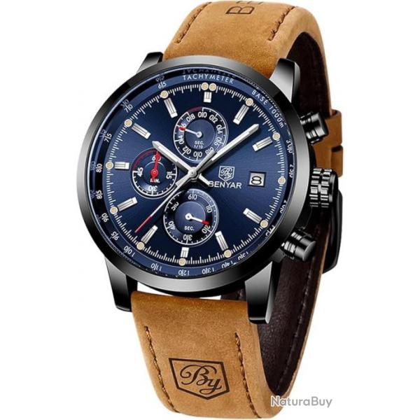 Montres Hommes Cuir Chronographe  de Sport Classique Militaire lgant 30M tanche Bleu Marine