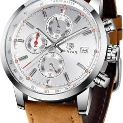 Montres Hommes Cuir Chronographe  de Sport Classique Militaire élégant 30M étanche Blanc