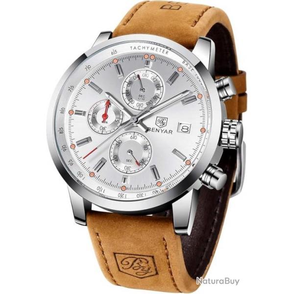 Montres Hommes Cuir Chronographe  de Sport Classique Militaire lgant 30M tanche Blanc