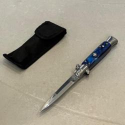 Stiletto Couteau automatique Mafia Milano Lame Acier 440 Manche Abs bleu Etui enchère