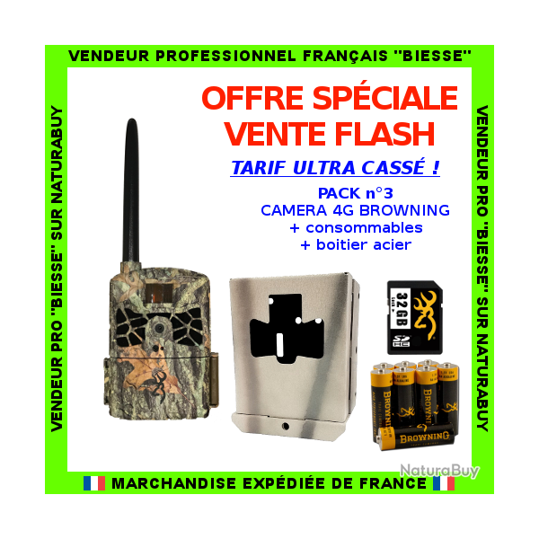 VENTE FLASH PACK n3 Camra Browning Defender Wireless 4G + boitier antivol acier + piles + SD32go