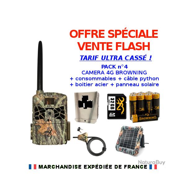 VENTE FLASH PACK 4 Camra Browning Defender Wireless 4G + boitier cble piles SD et panneau solaire