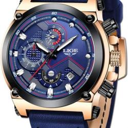 Montres Hommes Analogique Quartz Classique Militaire Etanche Casual Cuir Bleu Doré