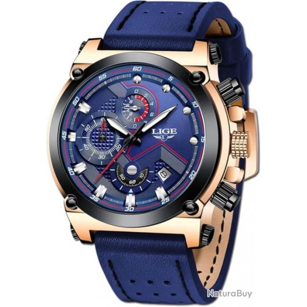 Montres Hommes Analogique Quartz Classique Militaire Etanche Casual Cuir Bleu Dor