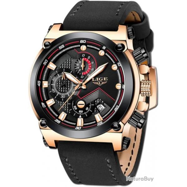 Montres Hommes Analogique Quartz Classique Militaire Etanche Casual Cuir Noir/Or