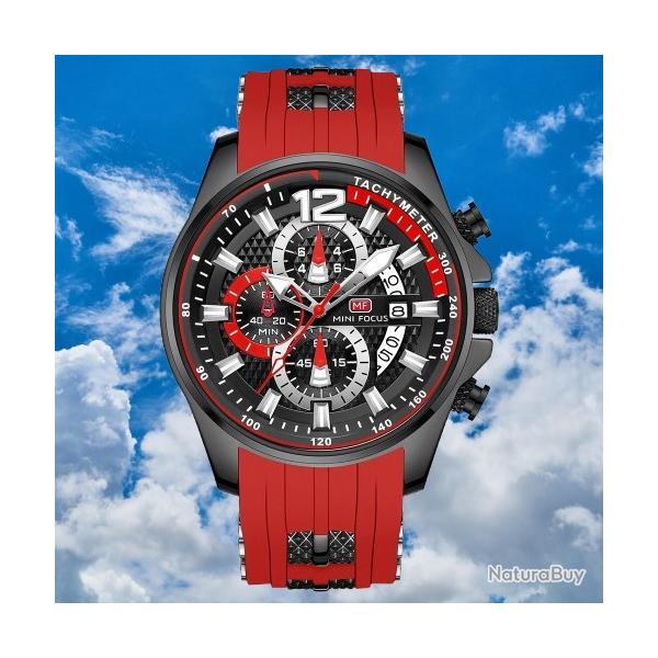 Montre  Quartz Etanche Homme Chronographe Silicone Luxe Calendrier Lumineux Chrono Rouge