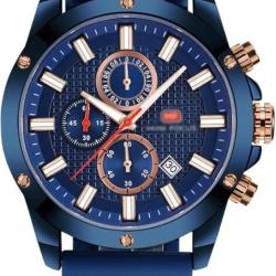 Montre à Quartz Etanche Homme Chronographe Silicone Luxe Calendrier Lumineux Chrono Bleu