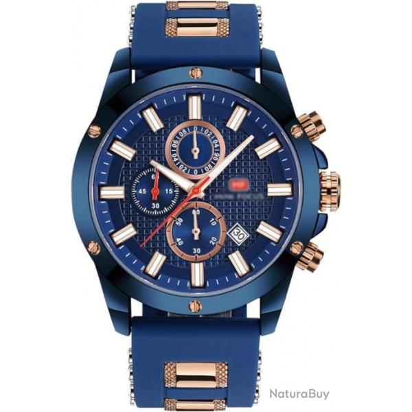 Montre  Quartz Etanche Homme Chronographe Silicone Luxe Calendrier Lumineux Chrono Bleu