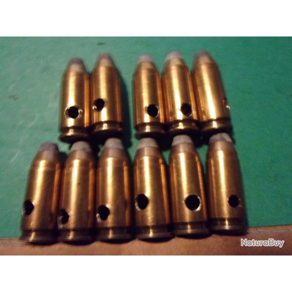 Lot de 11 munitions en 9x19 para, marquage 9-P DAG AB, tui laiton, balle demi-blinde, neutralise