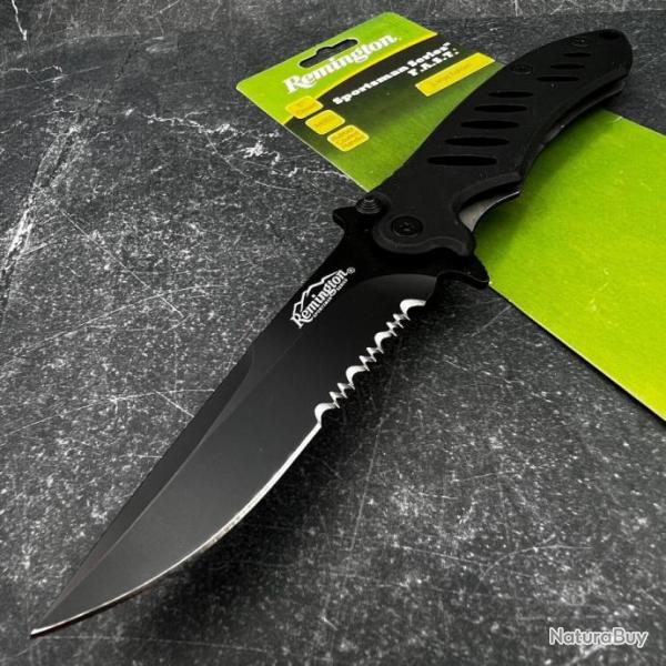 Couteau Remington Sportman FAST Military Manche Black Lame Acier 440 Serrat Linerlock Clip