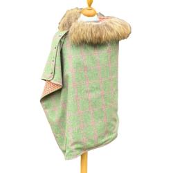 Cape Harriet - Tweed vert & rose 100 % laine - col fourrure amovible - made in France U