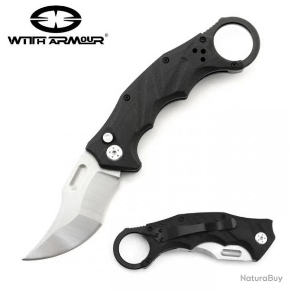 Couteau WithArmour Lynx Black Manche G10 Lame Acier 440C Button Lock Clip Etui Nylon WAR040BK