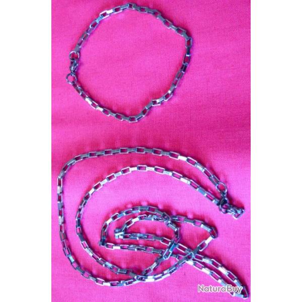 BELLE CHANE ACIER INOXIDABLE + BRACELET IDEM- 70cm ET 19cm  POUR PENDENTIF CHASSE ET AUTRES BIJOUX